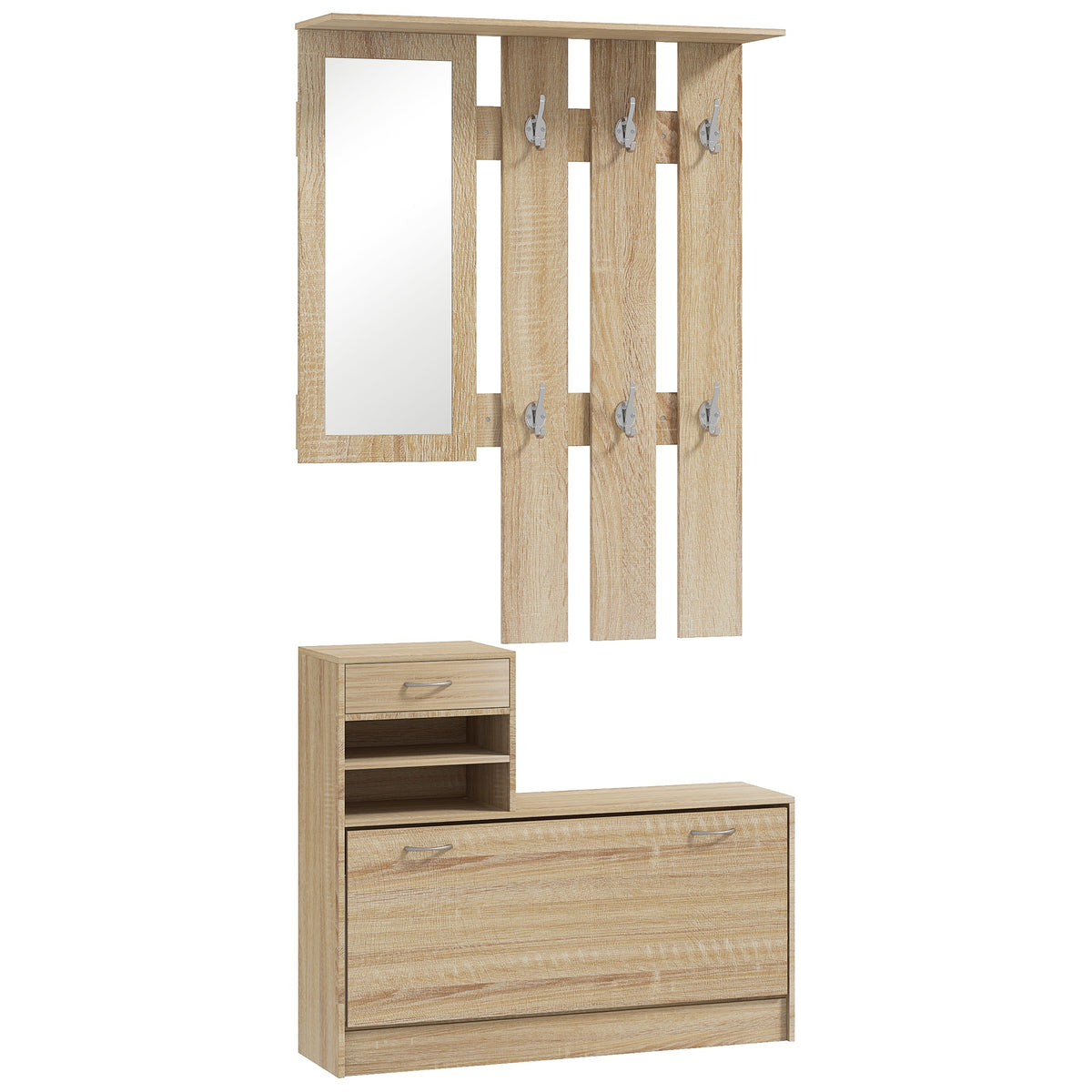 Móvel de Entrada Painel Porta-Casacos Espelho e Banco para Sapatos 6 Ganchos 90x10x91cm Efeito Madeira Natural — foto 1
