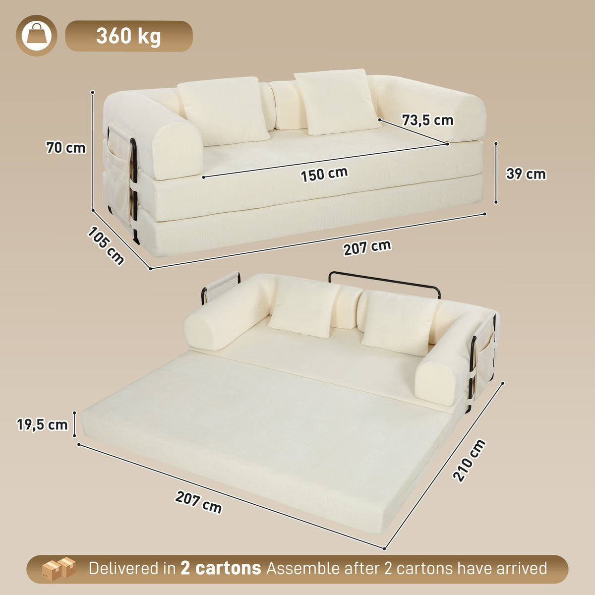 Sofá-Cama Convertível 5 em 1 de 3 Lugares em Chenille 207 cm, Dobrável de Chão, Espuma de Alta Densidade, 2 Almofadas, Branco — foto 2