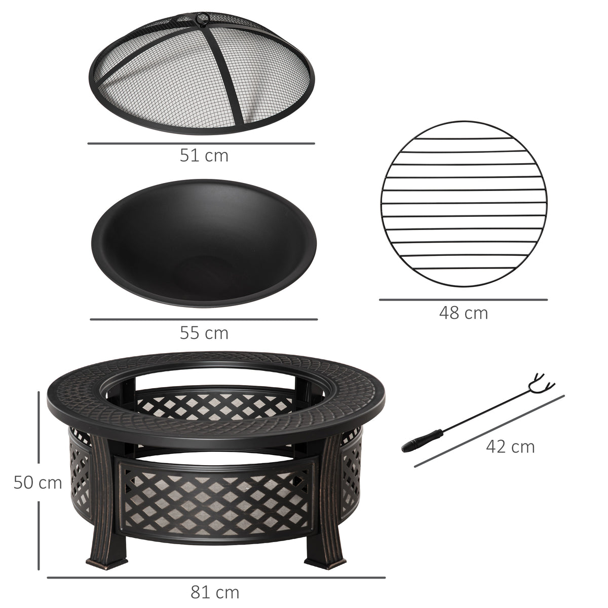Bacia de fogo com gancho, proteção contra faíscas, cesto de fogo, mesa de fogo redonda, lareira para jardim, camping, churrasco, aço preto 81 x 81 x 50 cm — foto 2