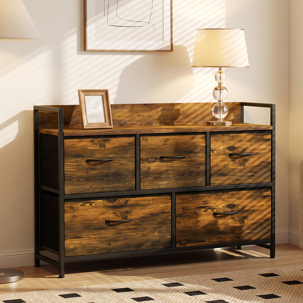 Cómoda de Quarto com 5 Gavetas, Cómoda em Tecido com Tampo de Madeira, Castanho e Preto — imagem 3