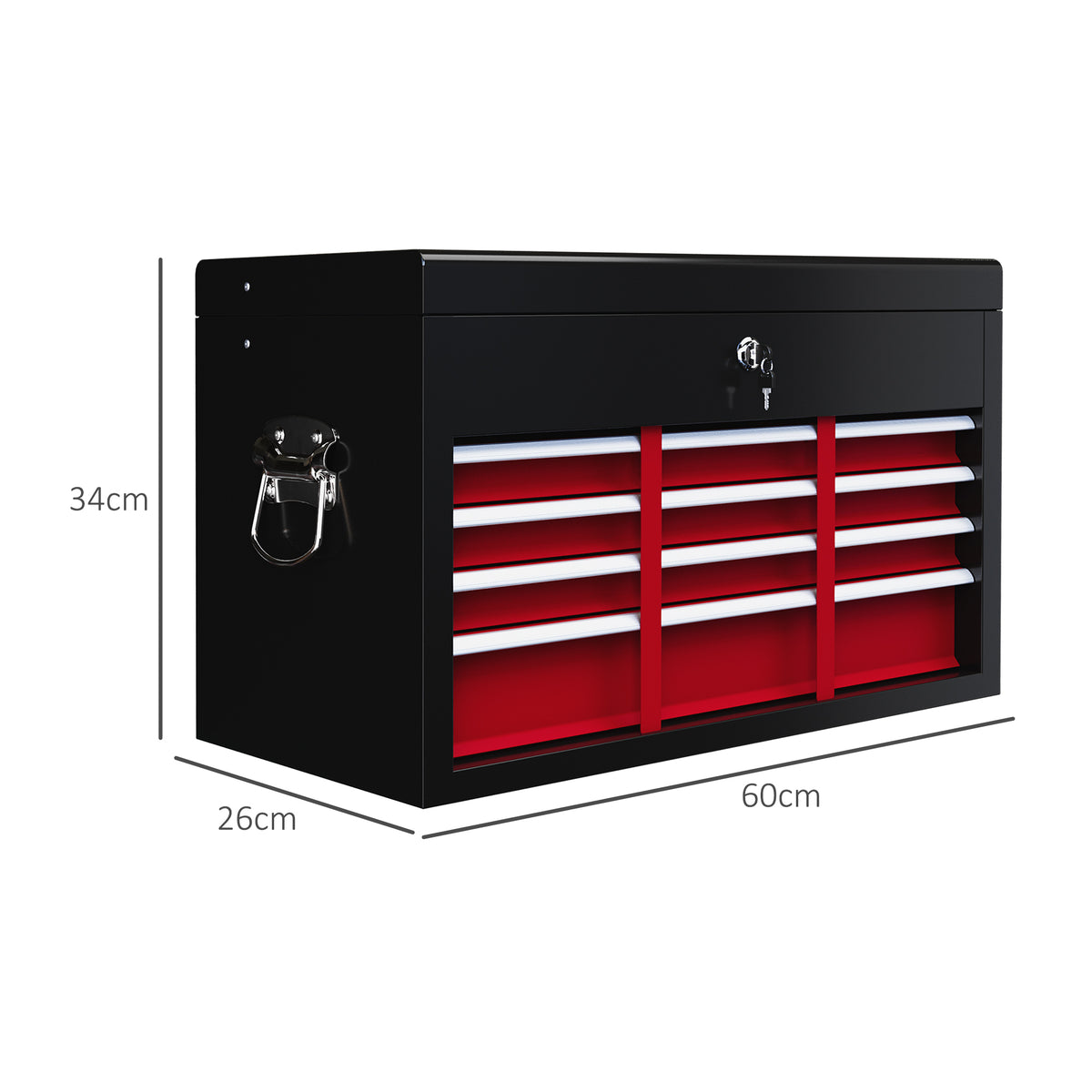 Caixa de Ferramentas Trancável 3 Gavetas Estrutura em Aço 60x26x34 cm Vermelho e Preto — foto 2