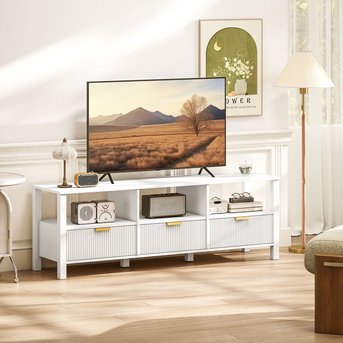 Móvel TV 152 cm, para TV até 165 cm com 3 gavetas e 3 prateleiras abertas, 152x39,5x50 cm, branco — imagem 3