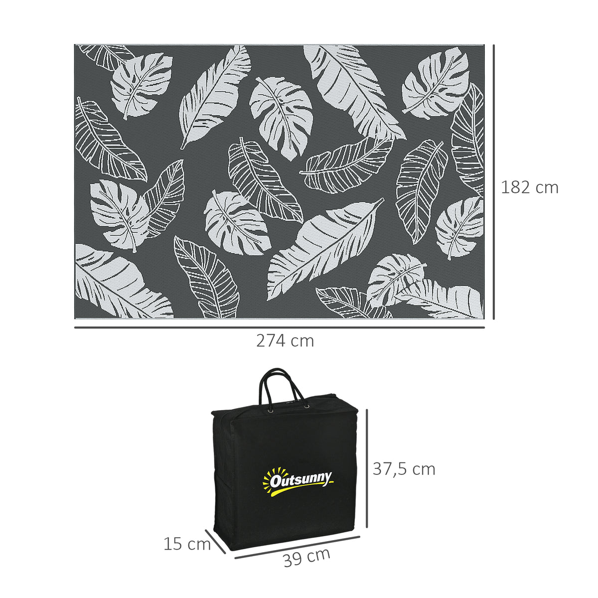 Tapete reversível para exterior, à prova d'água, padrão de folha, 182x274cm, Cinza/Branco — foto 2
