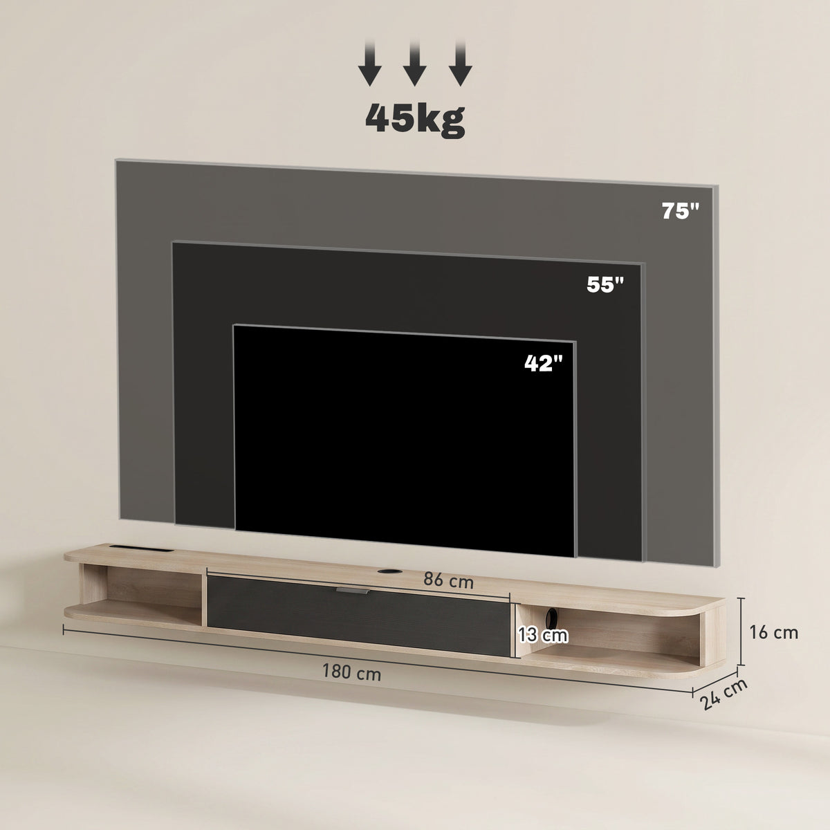 Móvel de TV Suspenso Móvel de TV para TV até 75 Polegadas (190,5 cm) Gaveta Rebatível 2 Prateleiras 180x24x16 cm Madeira Natural — foto 2