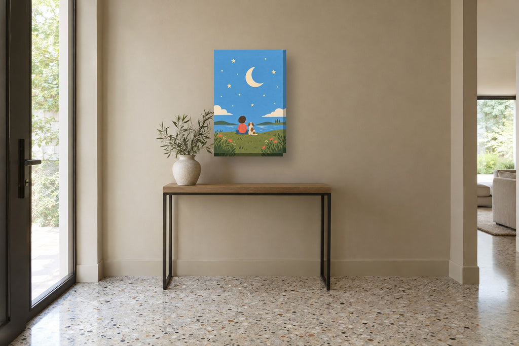 Lua e estrelas · Gouache · Quadro infantil — infantil-lua-e-estrelas-gouache_ver_40x60_corredor