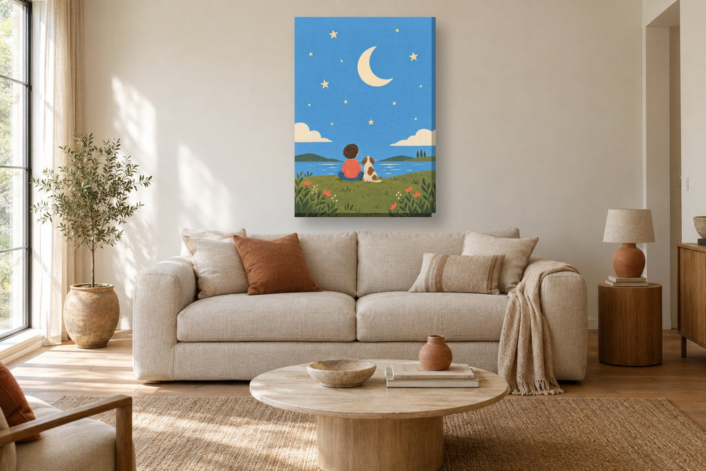 Lua e estrelas · Gouache · Quadro infantil — infantil-lua-e-estrelas-gouache_ver_70x100_sala
