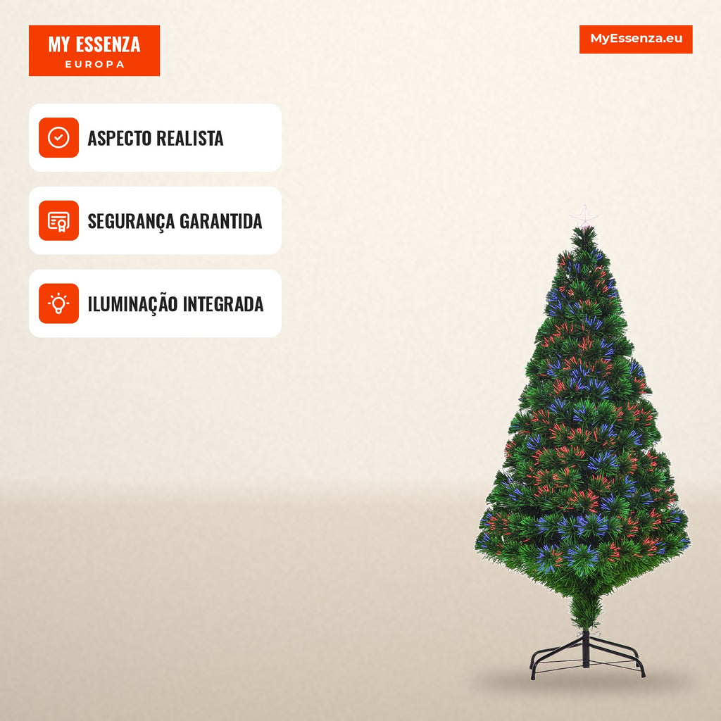 150 cm Artificial Christmas Tree with Fibre Optic and Metal Stand Christmas Decoration Ø75x150 cm Green — Infografia PT (em uso)