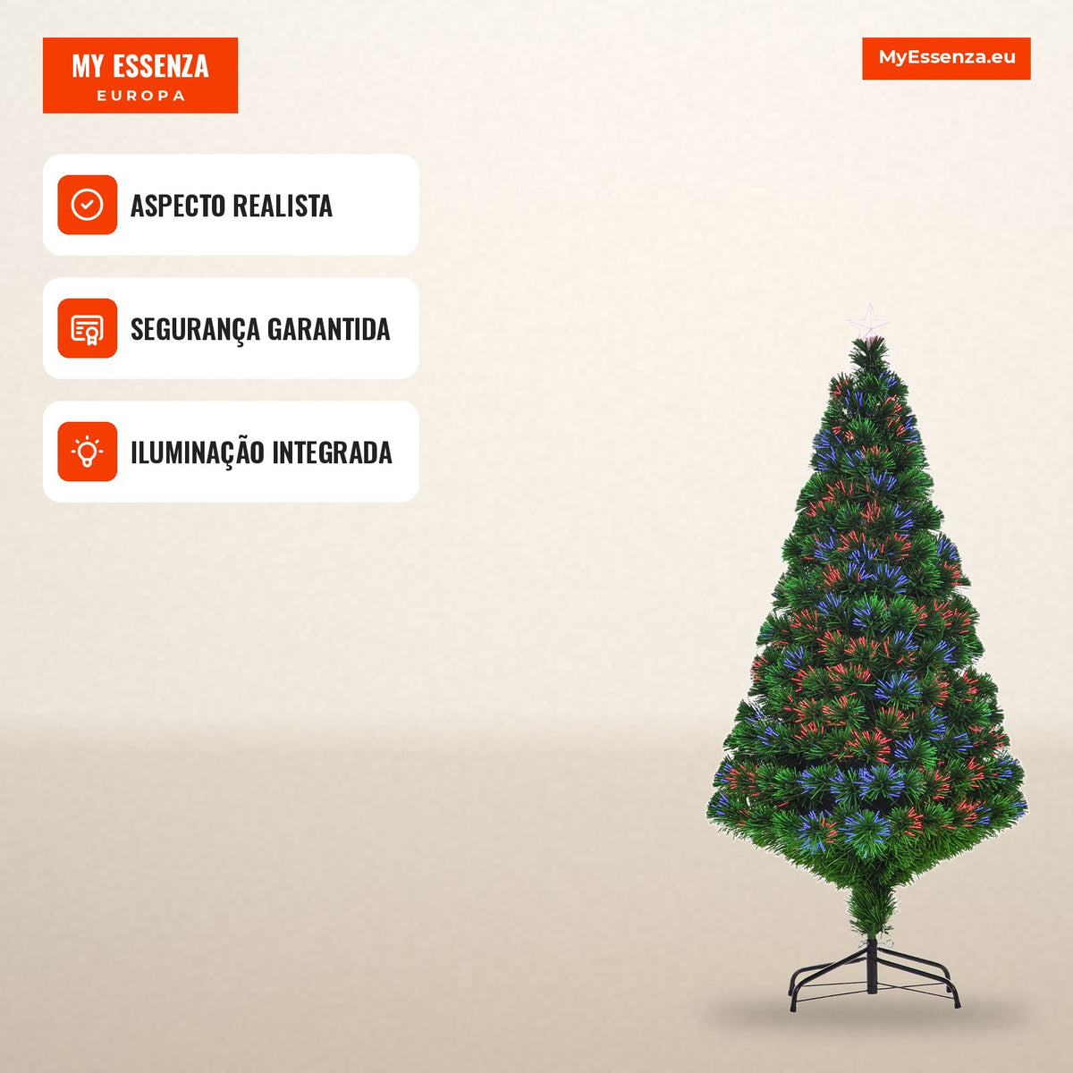 150 cm Artificial Christmas Tree with Fibre Optic and Metal Stand Christmas Decoration Ø75x150 cm Green — Infografia PT (em uso)