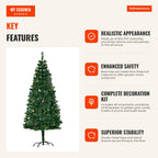 180cm Fireproof Artificial Christmas Tree with 624 Branches & 48 PVC Decorations on Metal Stand — Infografia EN (vantagens)