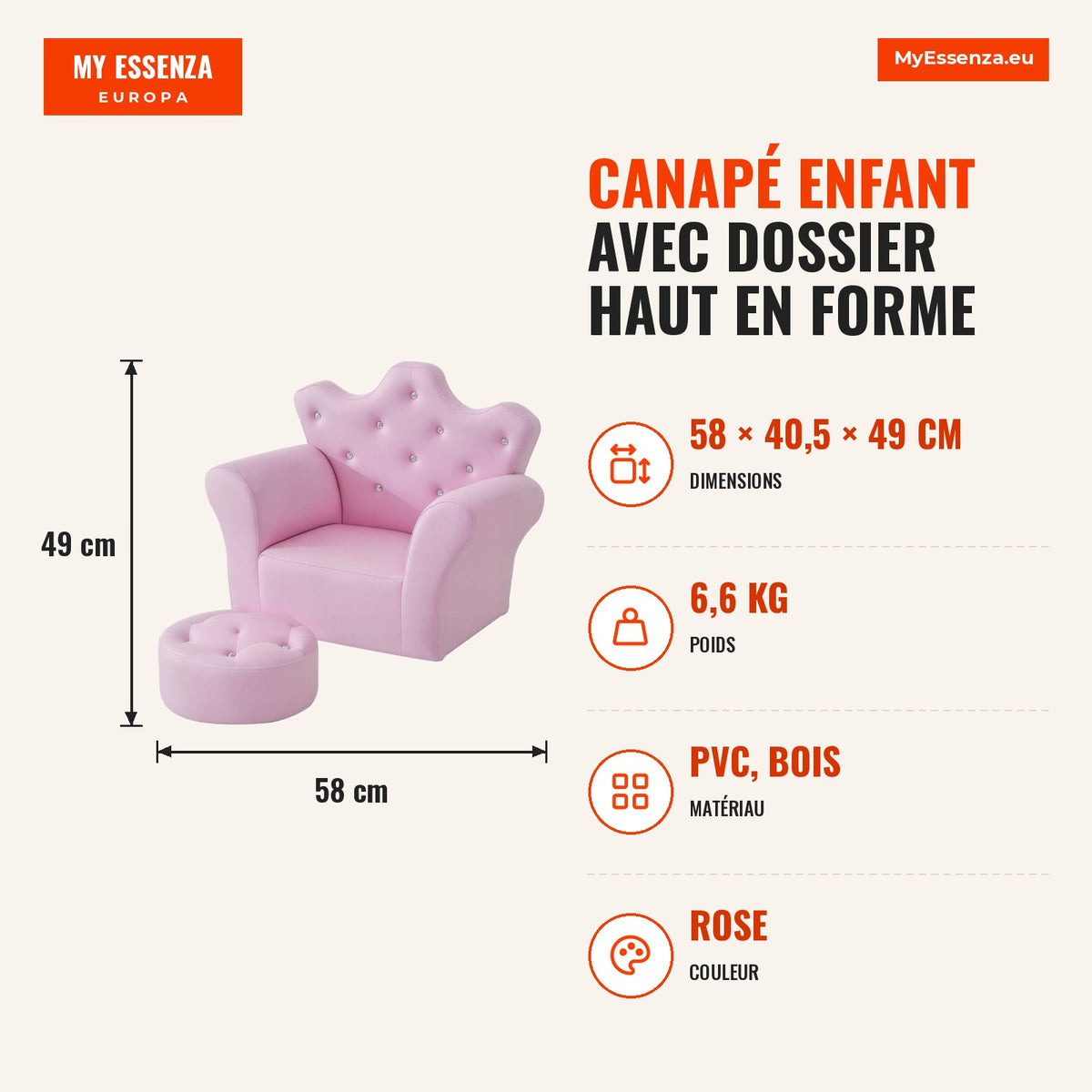 Kids Sofa with High Crown Backrest and Cushioned Armrests 58x40.5x49cm Pink — Infografia FR (medidas)