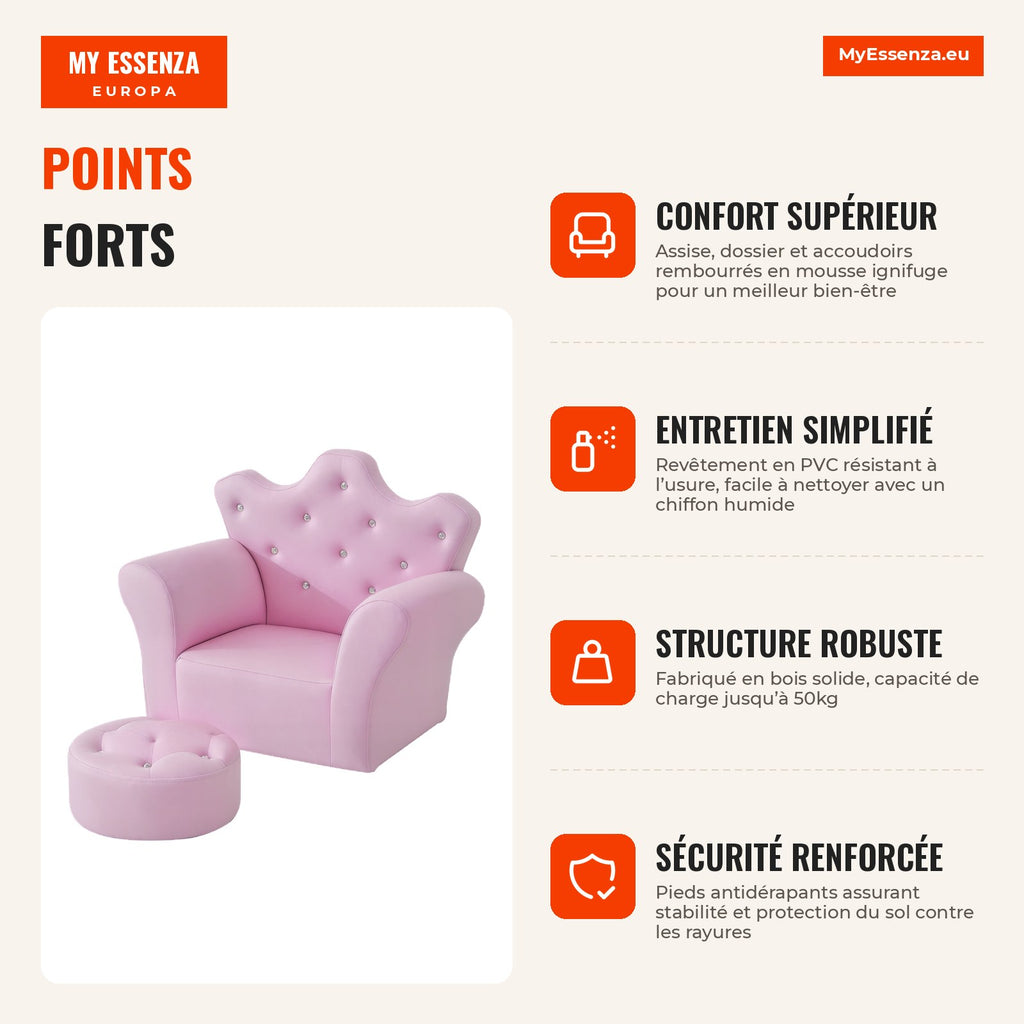 Kids Sofa with High Crown Backrest and Cushioned Armrests 58x40.5x49cm Pink — Infografia FR (vantagens)