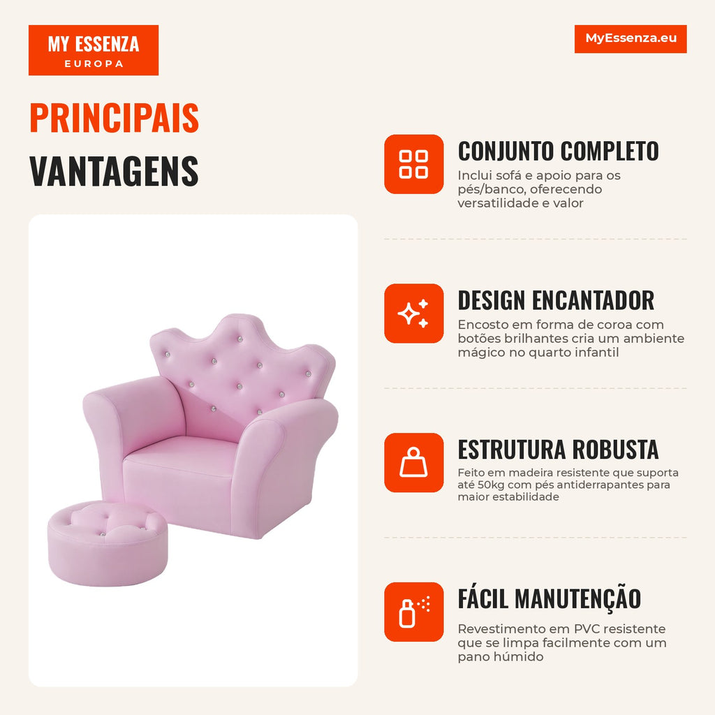 Kids Sofa with High Crown Backrest and Cushioned Armrests 58x40.5x49cm Pink — Infografia PT (vantagens)