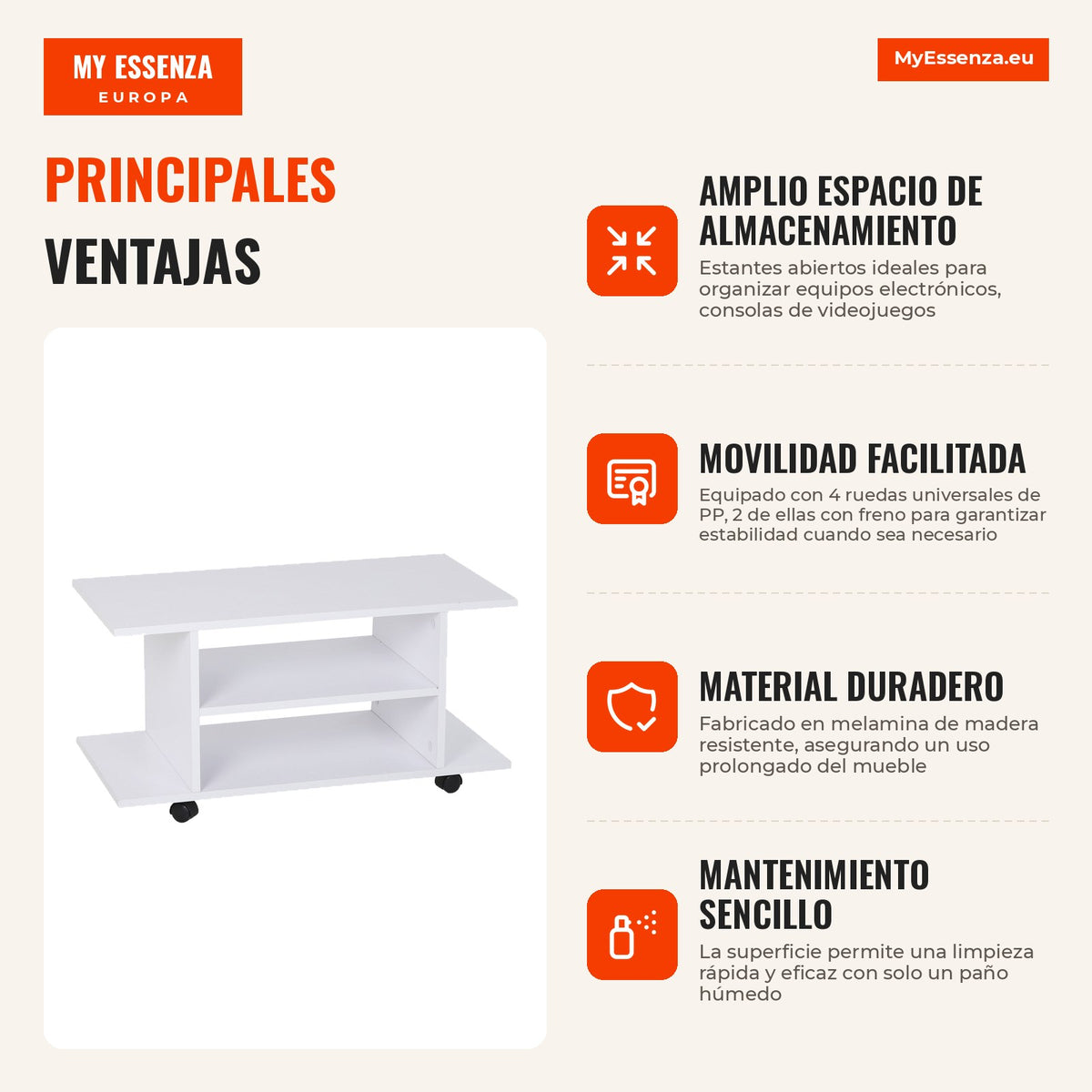 TV Unit for TVs up to 42 Inches with Shelves and Brake Wheels 80x40x40cm White — Infografia ES (vantagens)