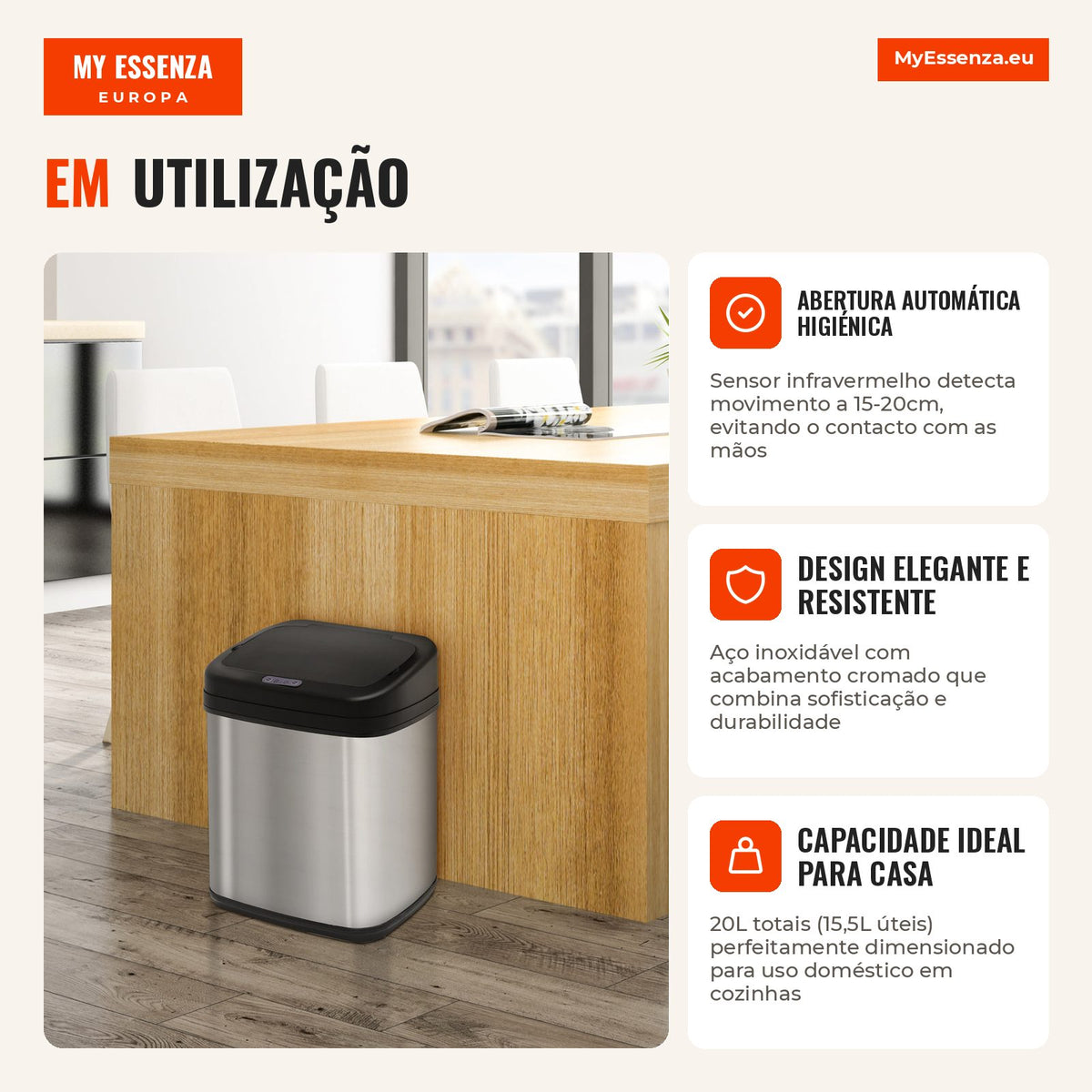20L Automatic Kitchen Bin Stainless Steel with Infrared Sensor HOMCOM — Infografia PT (em utilização)