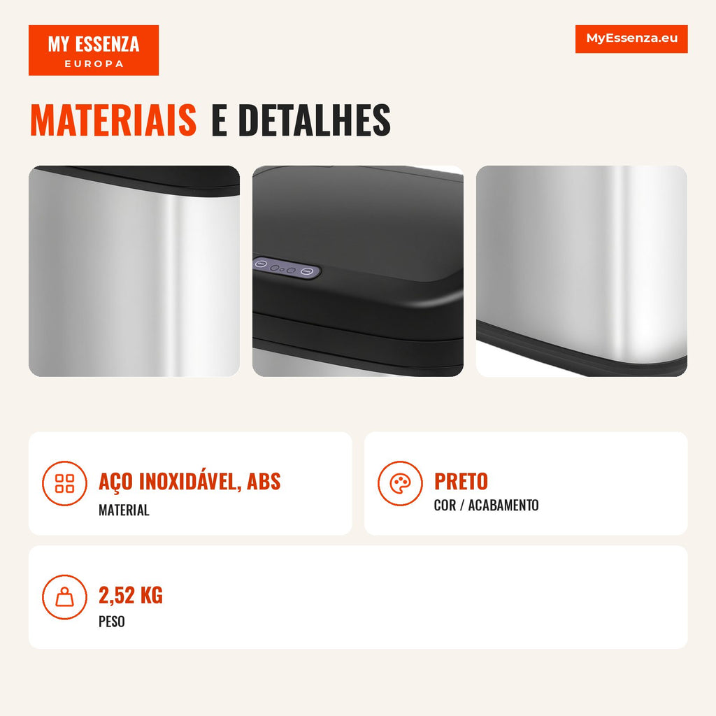 20L Automatic Kitchen Bin Stainless Steel with Infrared Sensor HOMCOM — Infografia PT (materiais e detalhes)