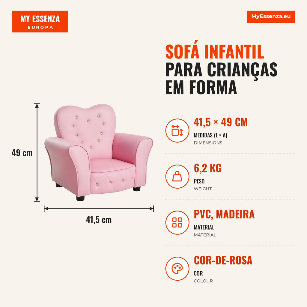 Children's Heart-Shaped Sofa with Padded Seat, Armrests and High Back 59x41.5x49cm Pink — Infografia PT (medidas)