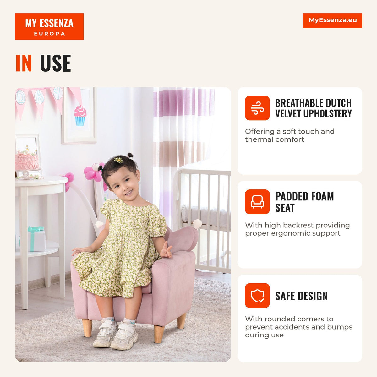 Children's Mini Sofa Armchair for Kids Over 3 Years with Padded Seat Wooden Frame Maximum Load 45kg 50x42x58cm Pink — Infografia EN (em utilização)