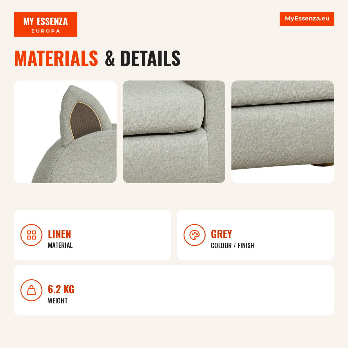 Kids Mini Armchair Sofa for Children over 3 Years with Padded Seat Wooden Frame 60x42x50cm Grey — Infografia EN (materiais e detalhes)