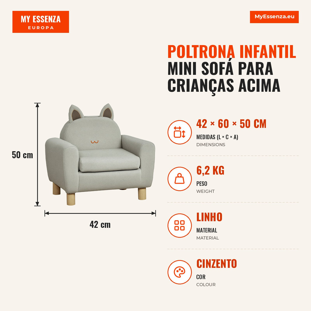 Kids Mini Armchair Sofa for Children over 3 Years with Padded Seat Wooden Frame 60x42x50cm Grey — Infografia PT (medidas)
