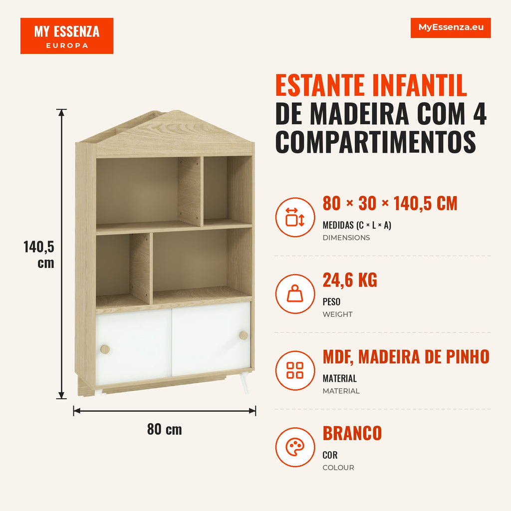 Children's Wooden Shelf with 4 Compartments Bookcase for Kids with Open Shelves and Cabinet for Bedroom Playroom 80x30x1 — Infografia PT (medidas)