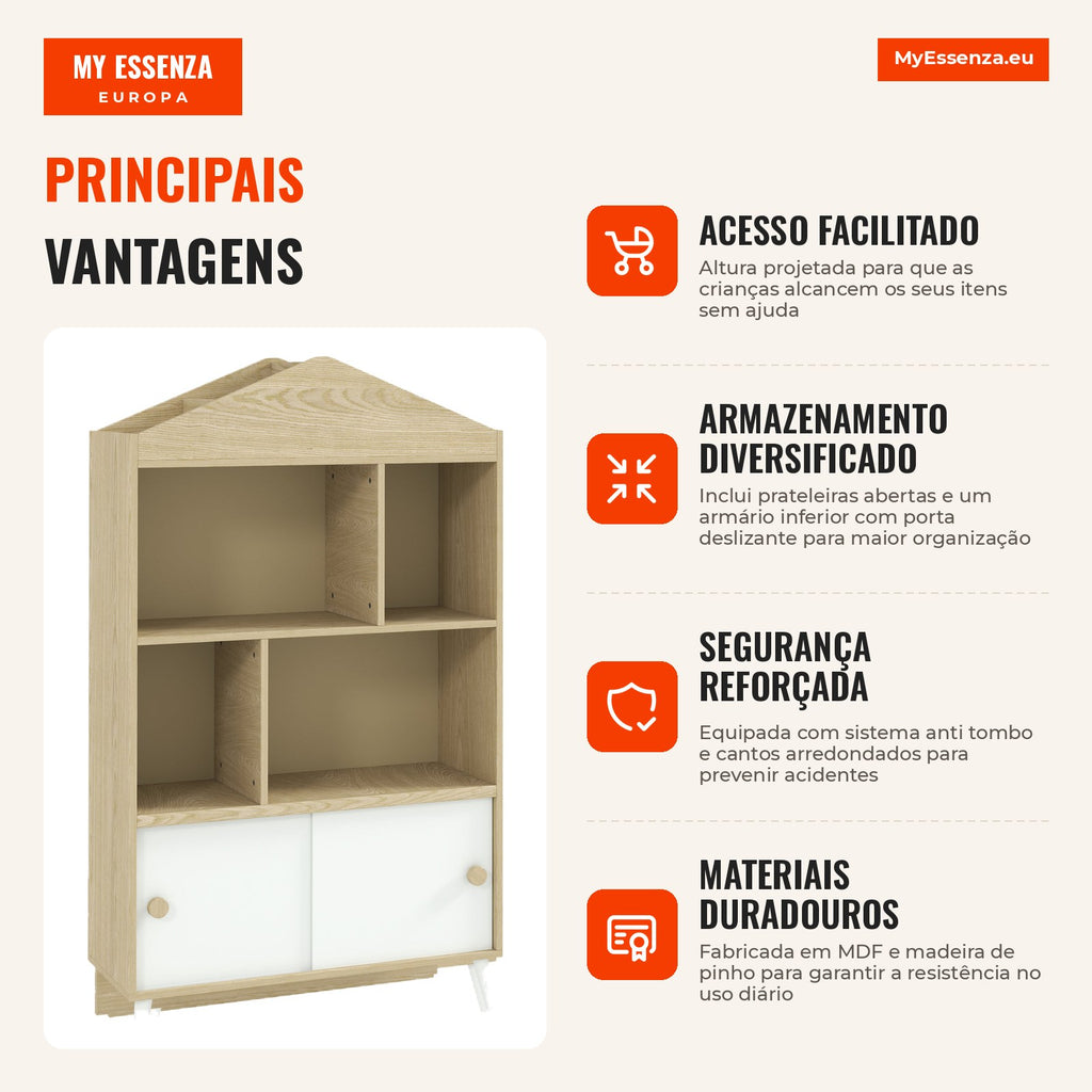 Children's Wooden Shelf with 4 Compartments Bookcase for Kids with Open Shelves and Cabinet for Bedroom Playroom 80x30x1 — Infografia PT (vantagens)