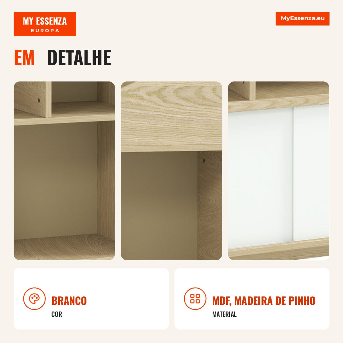 Children's Wooden Shelf with 4 Compartments Bookcase for Kids with Open Shelves and Cabinet for Bedroom Playroom 80x30x1 — Infografia PT (detalhe)