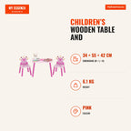 Children’s Wooden Table and 2 Chairs Set for Kids Over 2 Years Table 55x34x42cm Chairs 28x26x50cm Pink — Infografia EN (medidas)