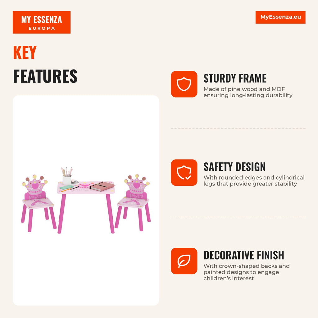 Children’s Wooden Table and 2 Chairs Set for Kids Over 2 Years Table 55x34x42cm Chairs 28x26x50cm Pink — Infografia EN (vantagens)