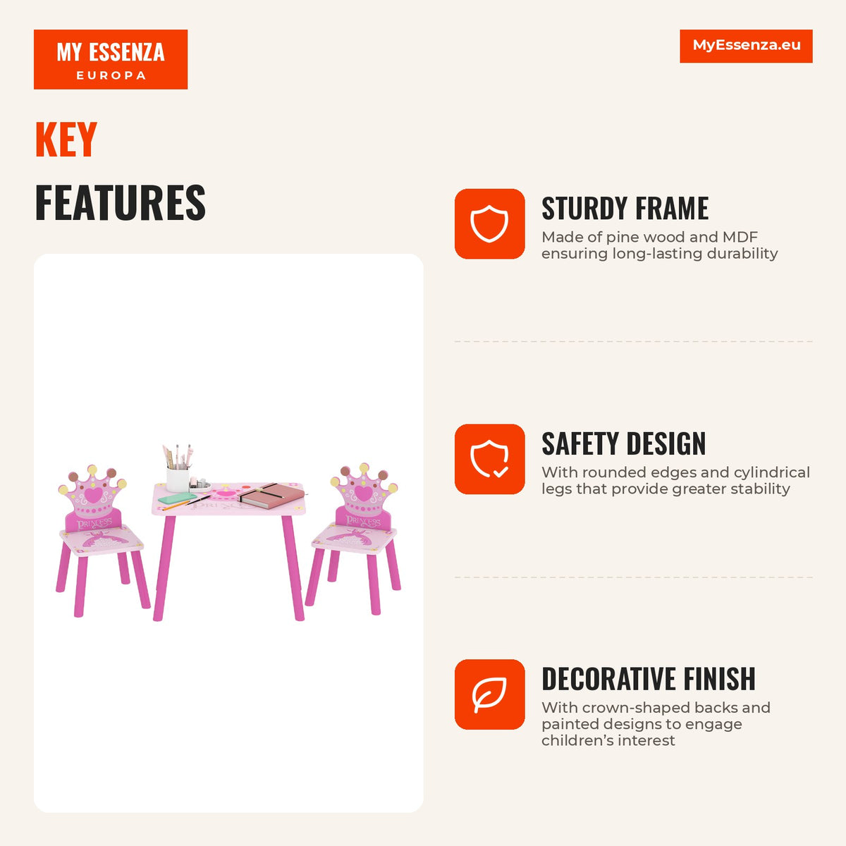 Children’s Wooden Table and 2 Chairs Set for Kids Over 2 Years Table 55x34x42cm Chairs 28x26x50cm Pink — Infografia EN (vantagens)
