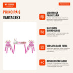 Children’s Wooden Table and 2 Chairs Set for Kids Over 2 Years Table 55x34x42cm Chairs 28x26x50cm Pink — Infografia PT (vantagens)