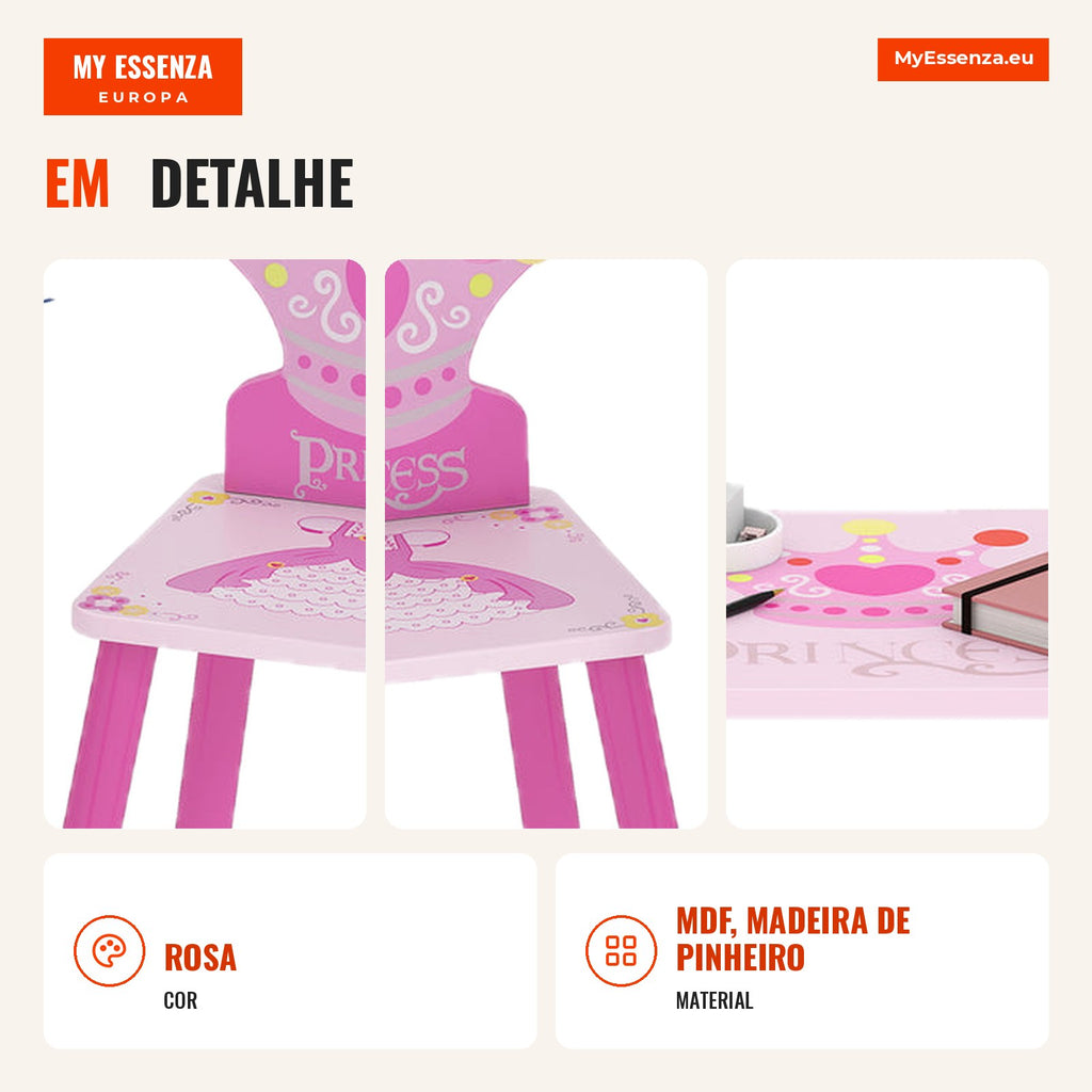 Children’s Wooden Table and 2 Chairs Set for Kids Over 2 Years Table 55x34x42cm Chairs 28x26x50cm Pink — Infografia PT (detalhe)