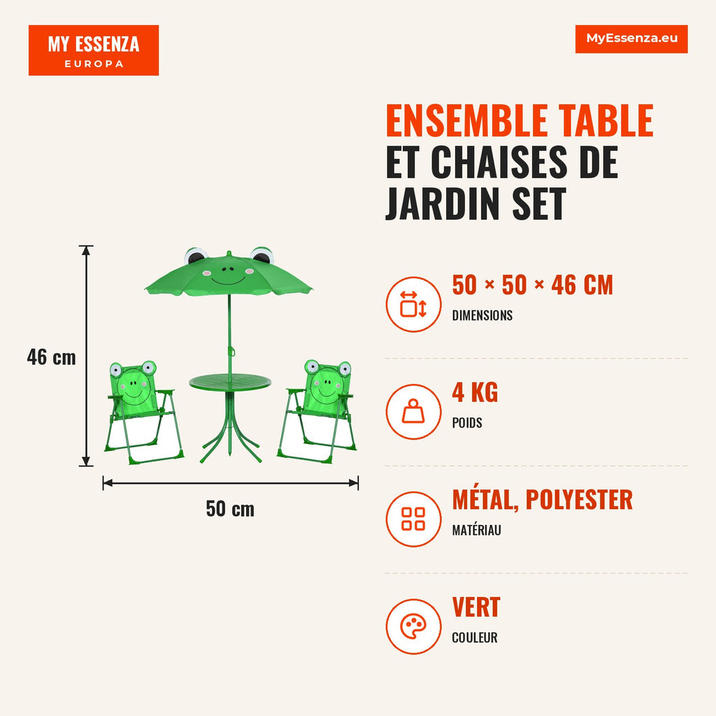 Children’s Garden Table and Chair Set Foldable Picnic Set with Adjustable 100-125cm Green Frog Design Parasol — Infografia FR (medidas)