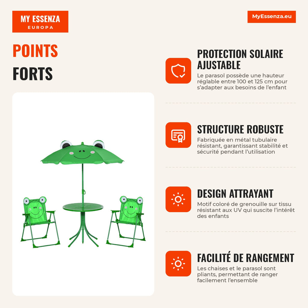 Children’s Garden Table and Chair Set Foldable Picnic Set with Adjustable 100-125cm Green Frog Design Parasol — Infografia FR (vantagens)