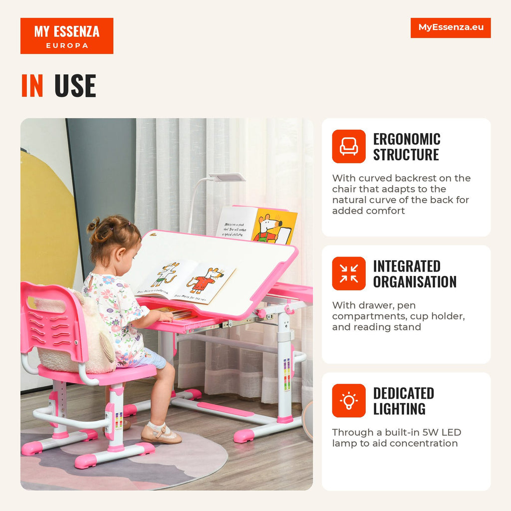 Desk and Chair Set for Children over 3 Years Adjustable Kids Desk Tilted Table Drawer LED Lamp and Pencil Holder 80x49.5 — Infografia EN (em utilização)
