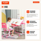 Desk and Chair Set for Children over 3 Years Adjustable Kids Desk Tilted Table Drawer LED Lamp and Pencil Holder 80x49.5 — Infografia EN (em utilização)