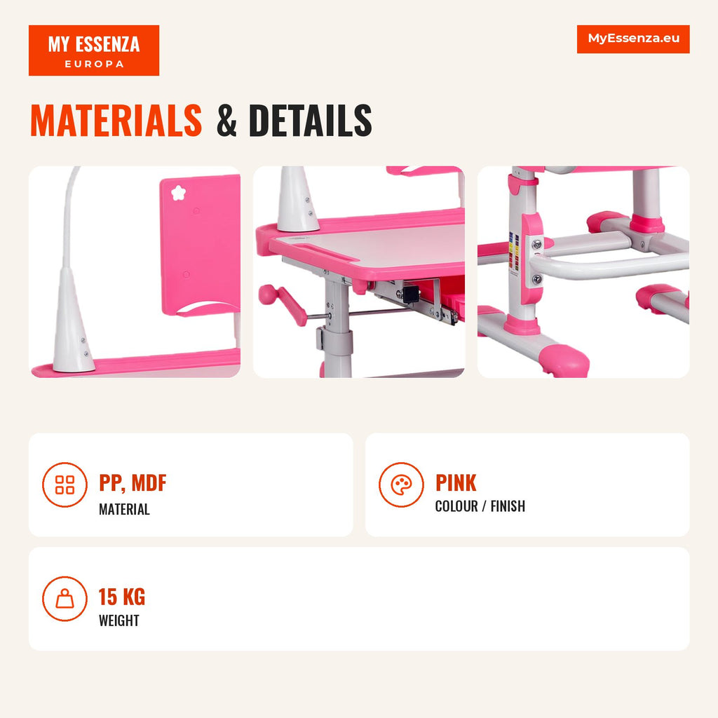 Desk and Chair Set for Children over 3 Years Adjustable Kids Desk Tilted Table Drawer LED Lamp and Pencil Holder 80x49.5 — Infografia EN (materiais e detalhes)