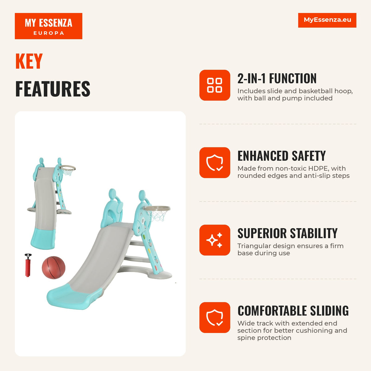 Foldable Children's Slide with Basketball Hoop for Kids Over 18 Months Giraffe Model for Indoor and Outdoor 140x87x75cm  — Infografia EN (vantagens)