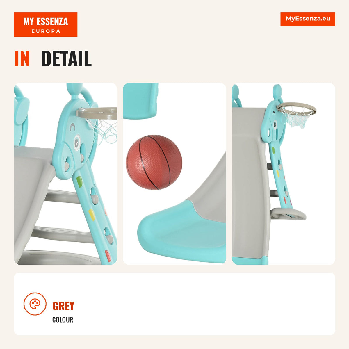 Foldable Children's Slide with Basketball Hoop for Kids Over 18 Months Giraffe Model for Indoor and Outdoor 140x87x75cm  — Infografia EN (detalhe)