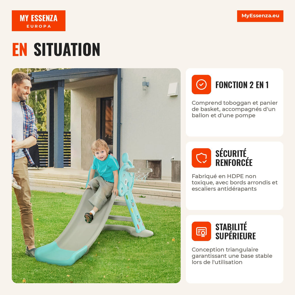 Foldable Children's Slide with Basketball Hoop for Kids Over 18 Months Giraffe Model for Indoor and Outdoor 140x87x75cm  — Infografia FR (em utilização)