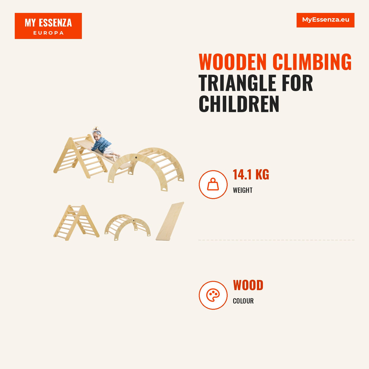 Wooden Climbing Triangle for Children 18-48 Months with Slide and Learning Arch 219x72.5x68.5 cm Wood — Infografia EN (medidas)