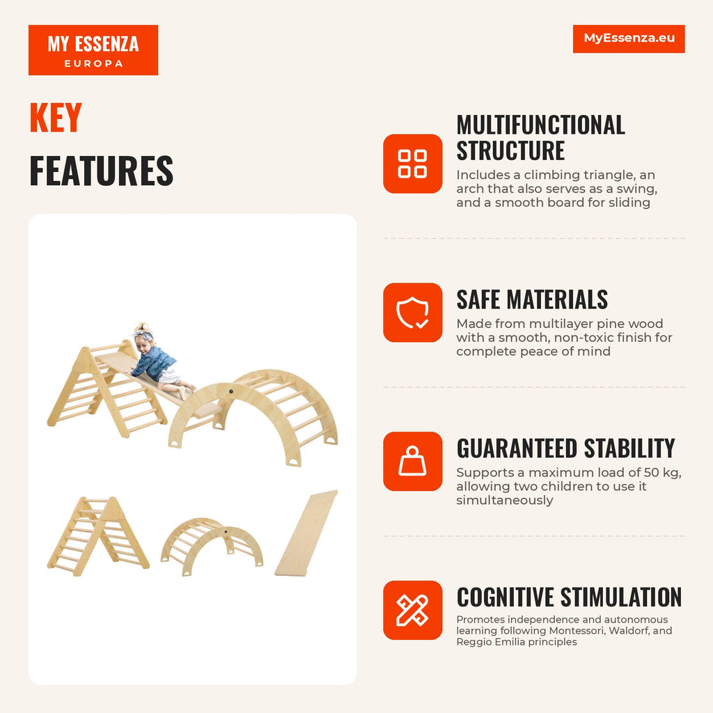 Wooden Climbing Triangle for Children 18-48 Months with Slide and Learning Arch 219x72.5x68.5 cm Wood — Infografia EN (vantagens)