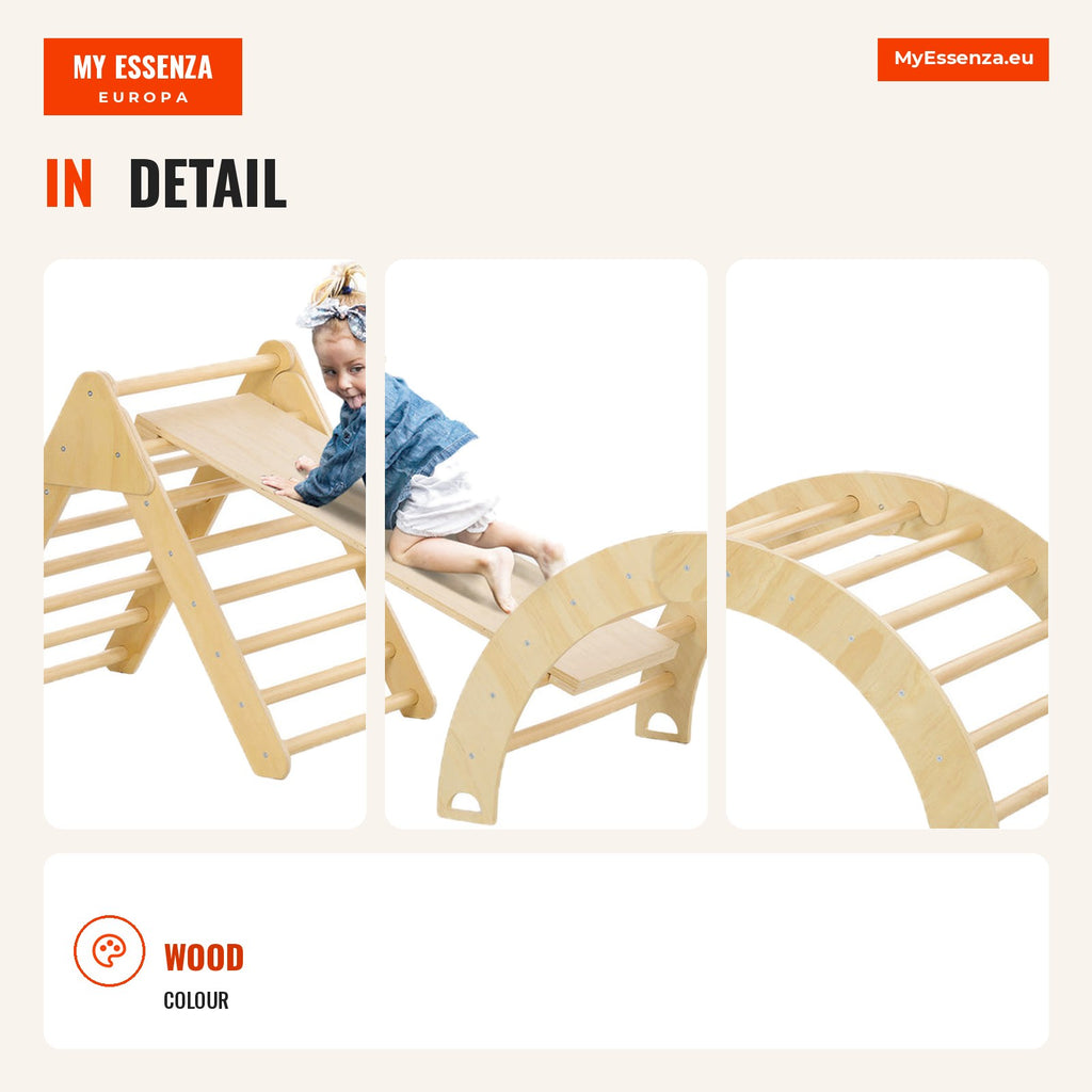 Wooden Climbing Triangle for Children 18-48 Months with Slide and Learning Arch 219x72.5x68.5 cm Wood — Infografia EN (detalhe)