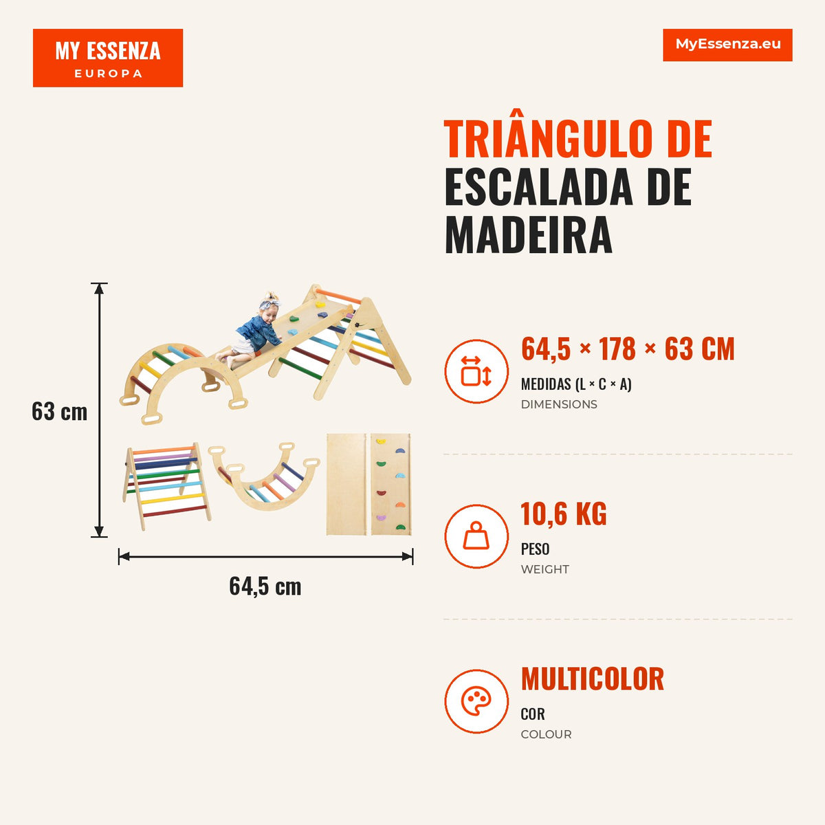 Wooden Climbing Triangle 5 in 1 for Children 18-48 Months — Infografia PT (medidas)