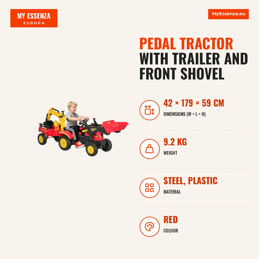 Pedal tractor with trailer and front shovel for kids over 3 years, easy steering and controls, supports up to 35 kg, 179 — Infografia EN (medidas)