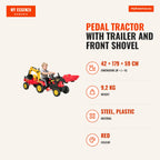 Pedal tractor with trailer and front shovel for kids over 3 years, easy steering and controls, supports up to 35 kg, 179 — Infografia EN (medidas)