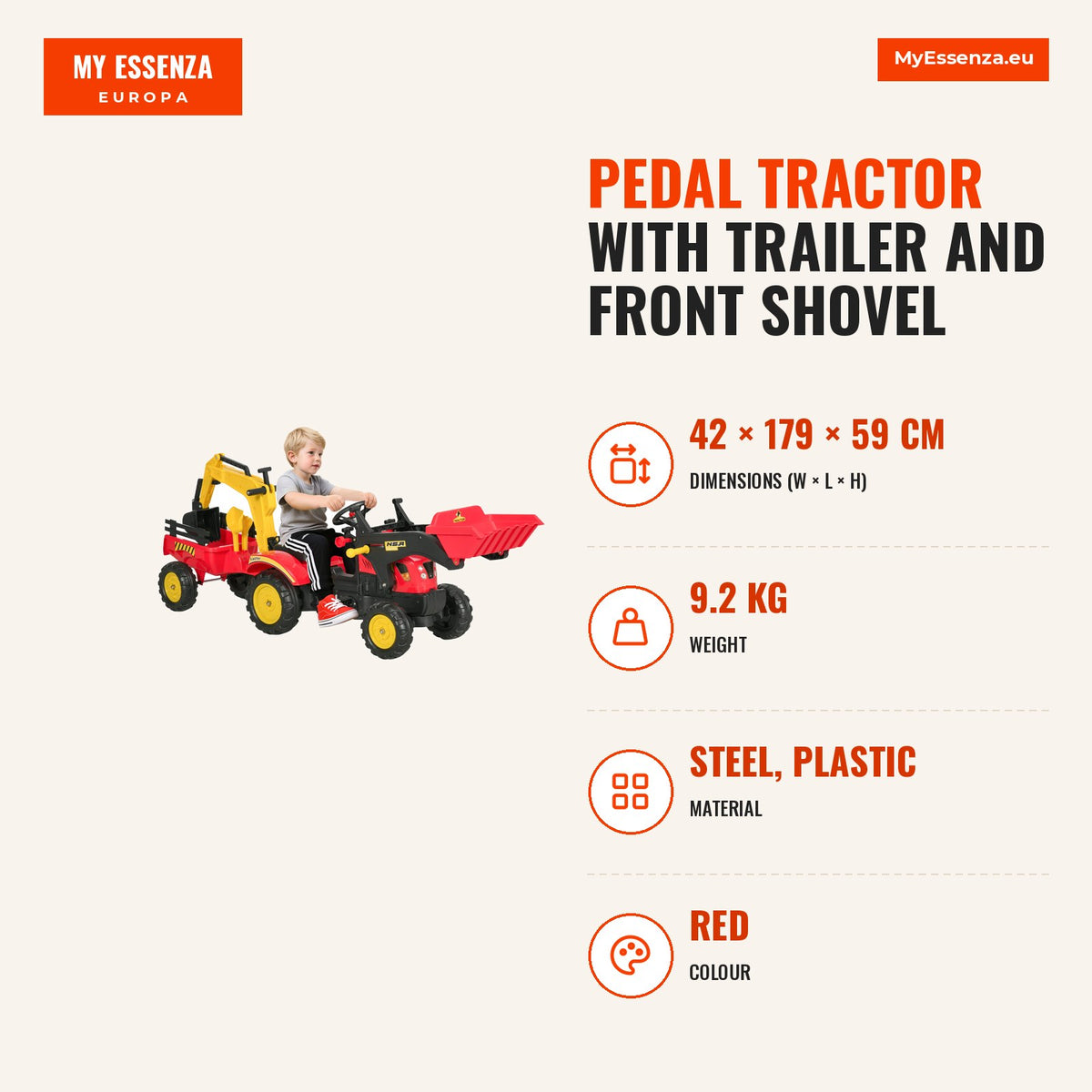 Pedal tractor with trailer and front shovel for kids over 3 years, easy steering and controls, supports up to 35 kg, 179 — Infografia EN (medidas)