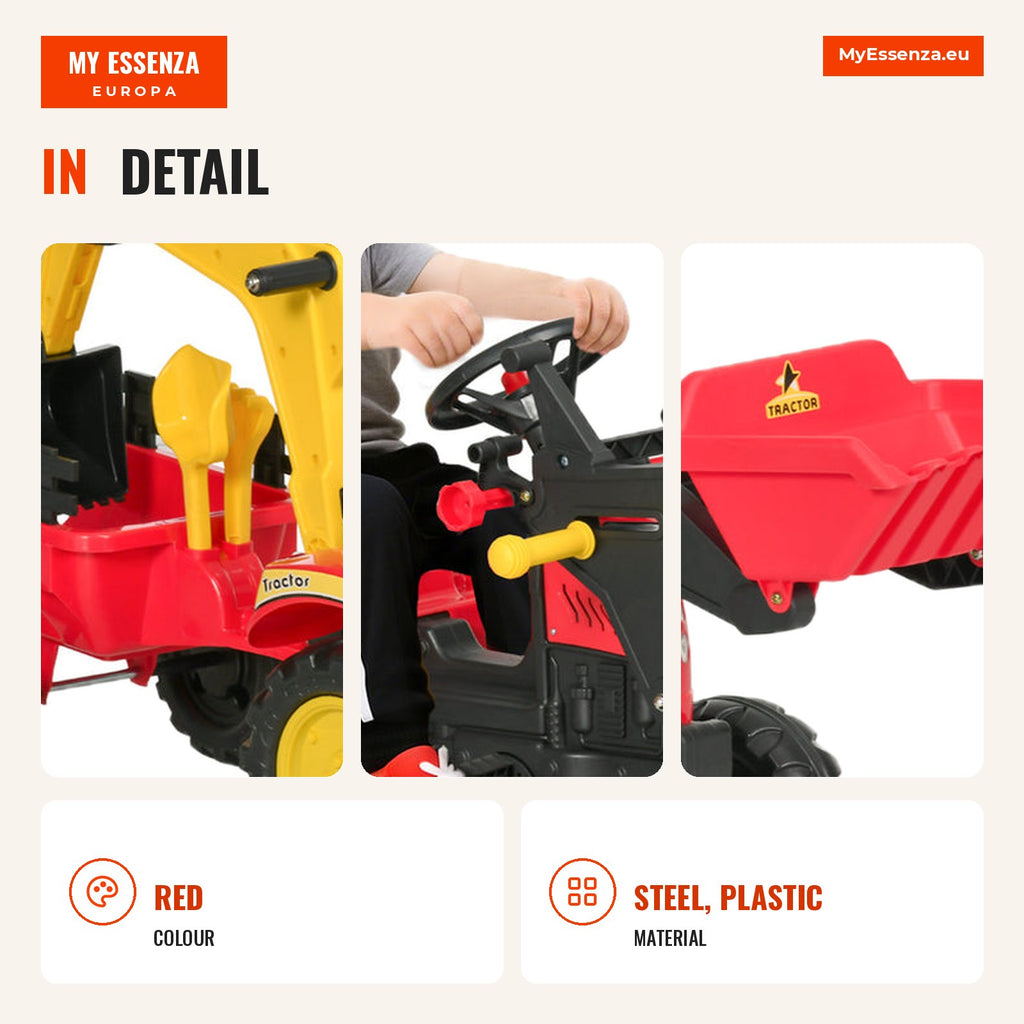 Pedal tractor with trailer and front shovel for kids over 3 years, easy steering and controls, supports up to 35 kg, 179 — Infografia EN (detalhe)