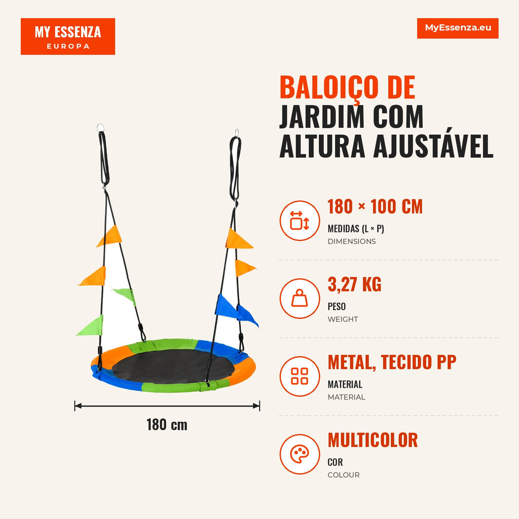 Adjustable Height Garden Swing with Ropes and Flags for Kids and Adults Load 80 kg Indoor and Outdoor Ø100x180 cm Multic — Infografia PT (medidas)