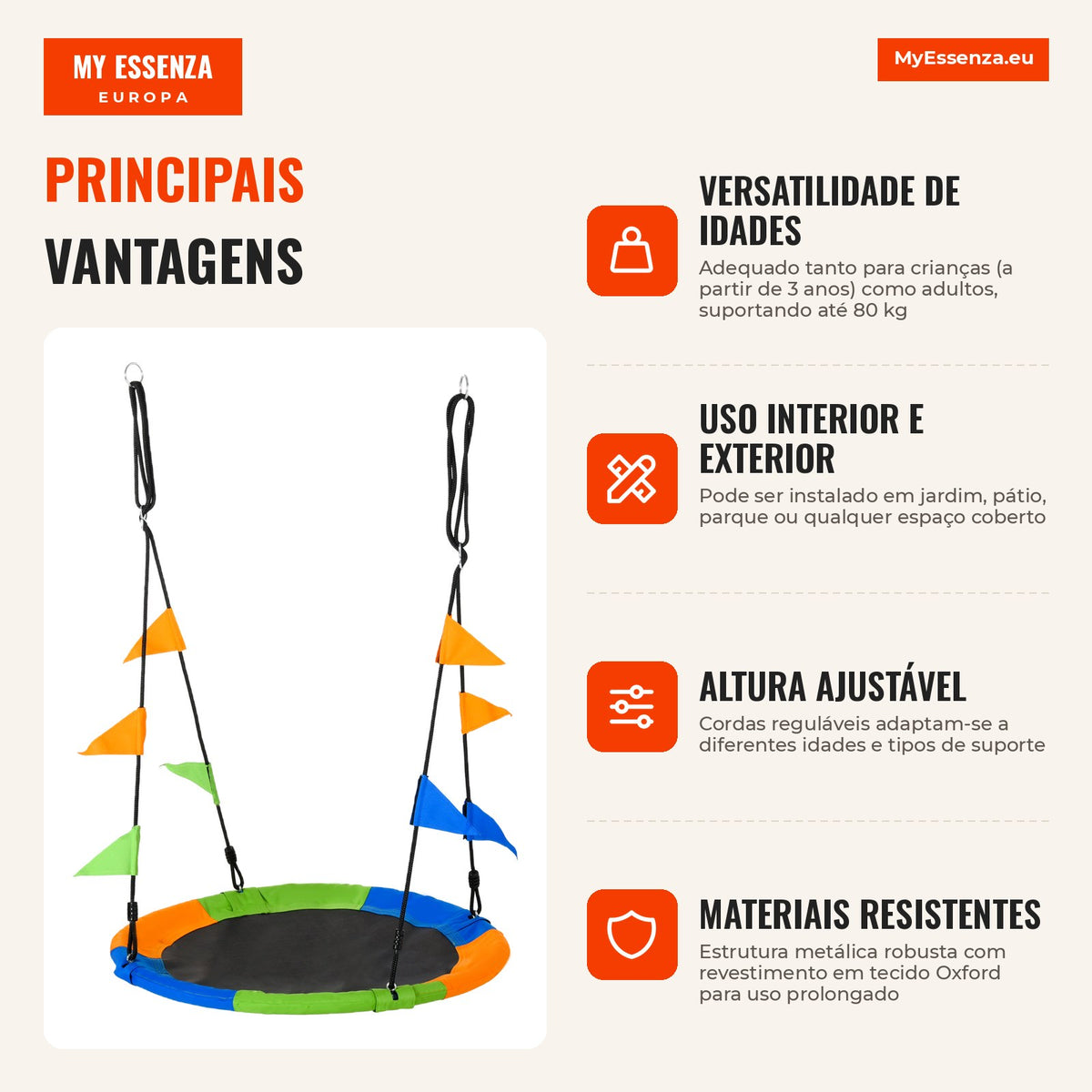 Adjustable Height Garden Swing with Ropes and Flags for Kids and Adults Load 80 kg Indoor and Outdoor Ø100x180 cm Multic — Infografia PT (vantagens)