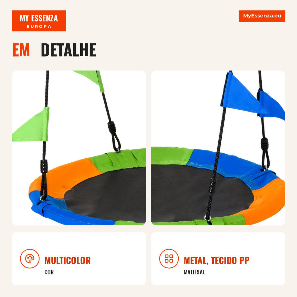 Adjustable Height Garden Swing with Ropes and Flags for Kids and Adults Load 80 kg Indoor and Outdoor Ø100x180 cm Multic — Infografia PT (detalhe)